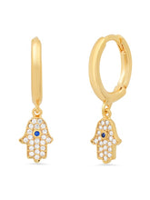 Load image into Gallery viewer, Tai Gold Huggies with Pave CZ Hamsa Charms
